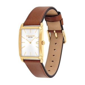 Unisex Elliot Gold & Saddle Brown Leather Strap Rectangle Watch Silver Dial Product Image