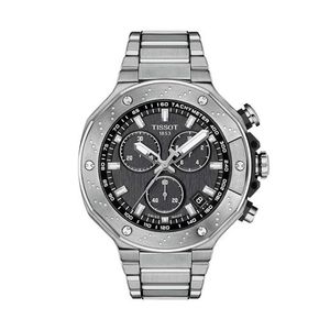 Mens T-Race Chronograph Gray Stainless Steel Watch Black Dial Product Image