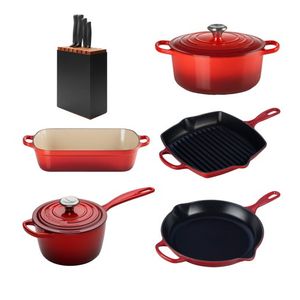 7pc Cast Iron Cookware Set Cerise w/ 5pc Knife Block Set Product Image