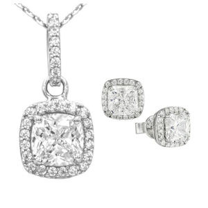 Antwerp Silver Beautiful Sterling Silver CZ Cushion Halo Earrings and Necklace Set Product Image