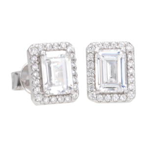 Antwerp Silver Emerald-Cut Cubic Zirconia Halo Earrings Product Image