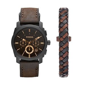 Mens Machine Chronograph Dark Brown Leather Watch & Bracelet Box Set Product Image