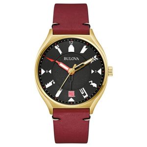 Mens Perforated Panels Automatic Burgundy Leather Strap Watch Black Dial Product Image
