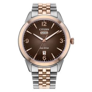 Mens Rolan Eco-Drive Rose Gold & Silver-Tone Stainless Steel Watch Brown Dial Product Image