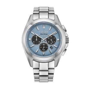 Mens Sport Luxury Eco-Drive Chronograph Silver-Tone SS Watch Light Blue Dial Product Image