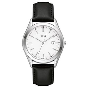 TFX Mens Silver & Black Leather Strap Watch, White Dial Product Image