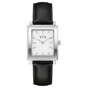 TFX Mens Silver & Black Leather Strap Rectangle Watch, White Dial Product Image