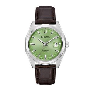 Mens Surveyor Automatic Silver & Brown Leather Strap Watch Pistachio Dial Product Image