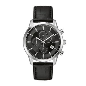 Mens Sutton Chronograph Silver & Black Leather Strap Watch Black Dial Product Image