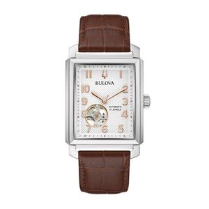 Mens Sutton Automatic Silver & Brown Leather Strap Rectangle Watch Silver Dial Product Image