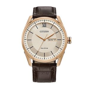 Mens Classic Eco-Drive Rose Gold & Brown Leather Strap Watch Ivory Dial Product Image