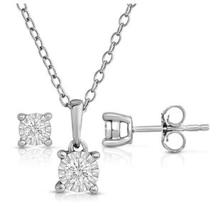 Diamond Solitaire Earrings and Necklace Set - .30twt Silver Product Image